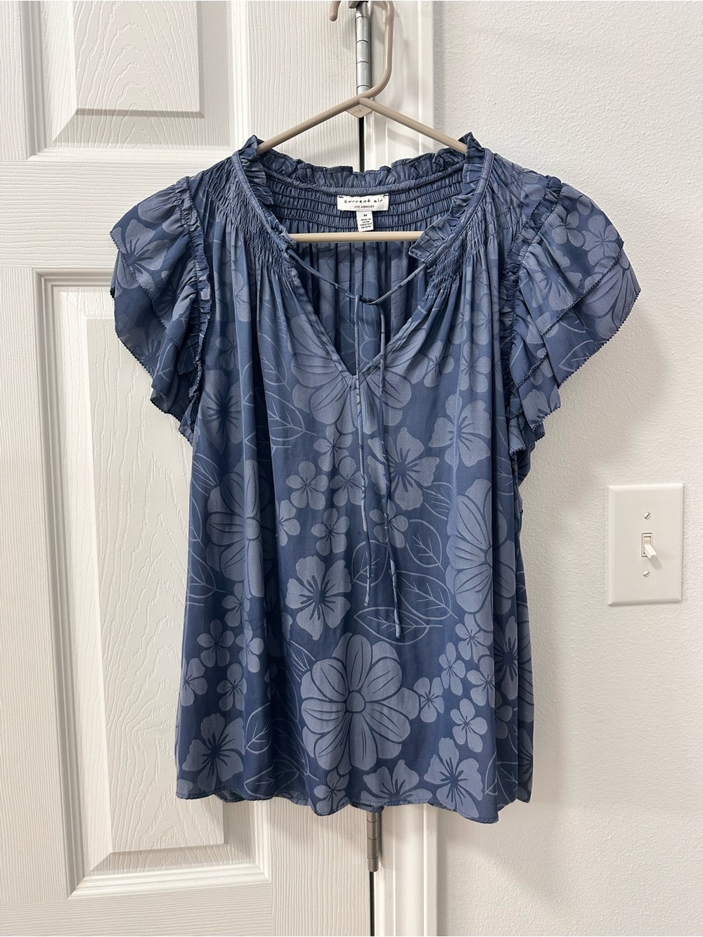 Current Air Navy Blue Floral Smocked Neck Flutter Sleeve Top